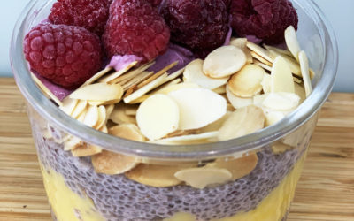 Chia Pudding with Lemon Curd, Blueberry Yogurt, Toasted Almonds and Raspberries